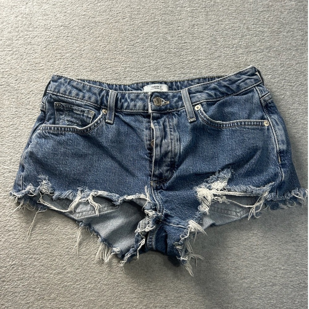Forever 21 Womens Cut‎ Off Shorts 28 Blue Denim Distressed Button Fly Raw Hem
